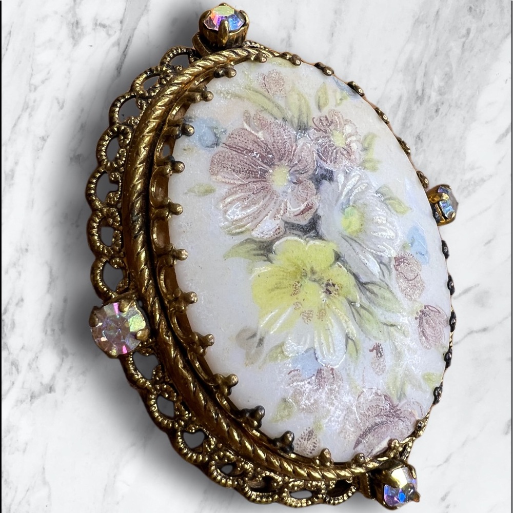 MADE IN GERMANY Antique Brooch Hand Painted Porcelain Filagree & Aurora Borealis
